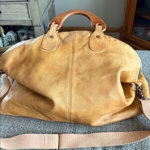 Free People Tan Leather Handbag with Wooden Handles